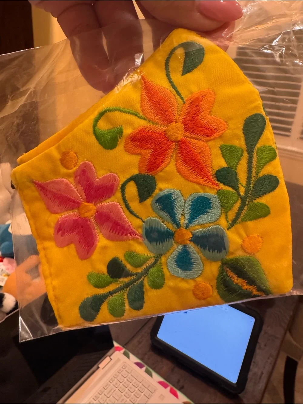 Yellow Floral Embroidered Face Mask - Women Accessories